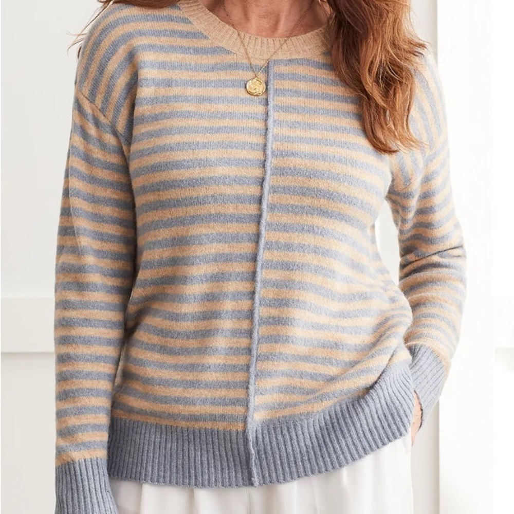 Tribal Women’s Blue and Tan Striped Crewneck Sweater - Picture 2 of 9